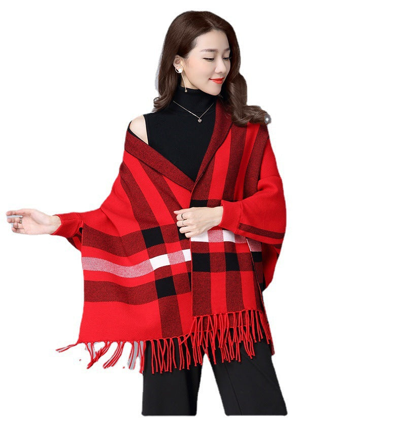 Plaid Shawl plus Sweater Combo with Long Sleeves
